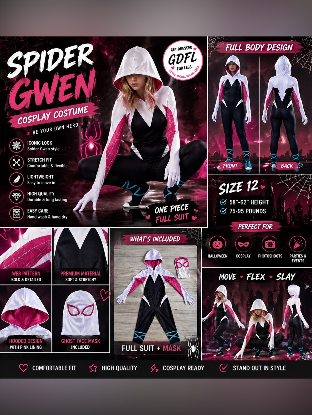 Spider Gwen Costume Girls Size 12 Cosplay Suit Pink Black White Full Set